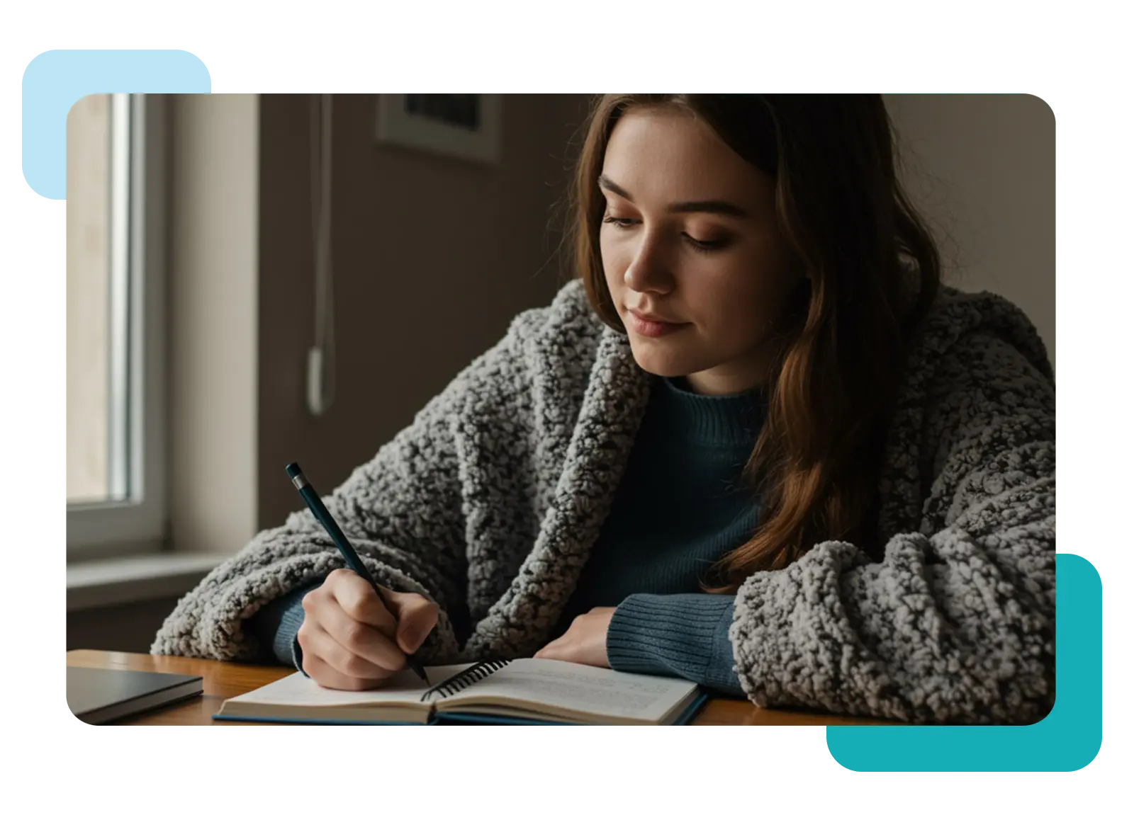 Student studying calmly and happily.