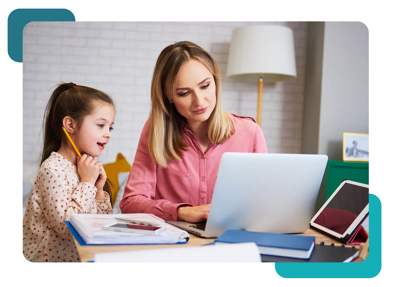 Parent helping child with assignments.