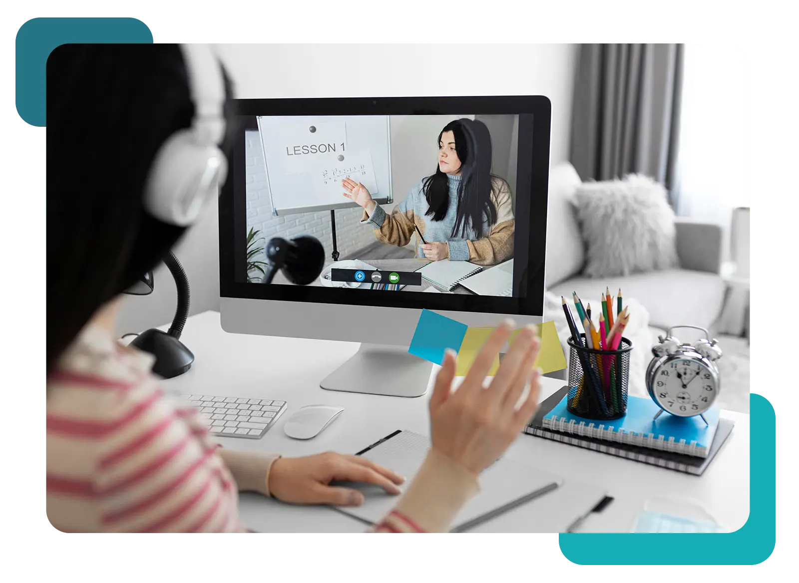 Student at home attending a video lesson.